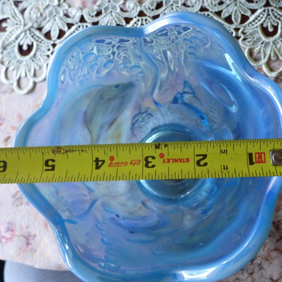 FENTON BLUE OPALESCENT SCALLOPED RIM FISH BOWL VASE PLANTER HANDPAINTED SIGNED - Picture 13 of 14